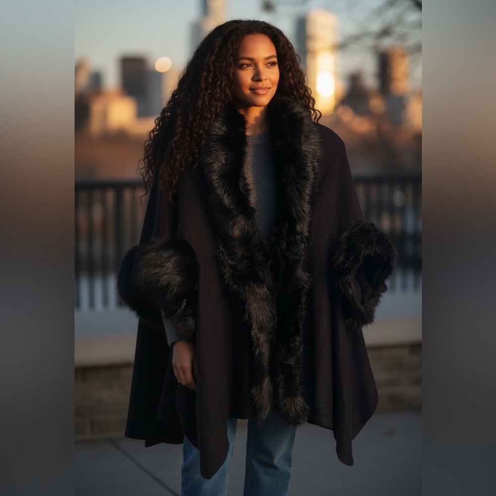 Elegant Faux Fur Trimmed Cape by Orange Fashion Village